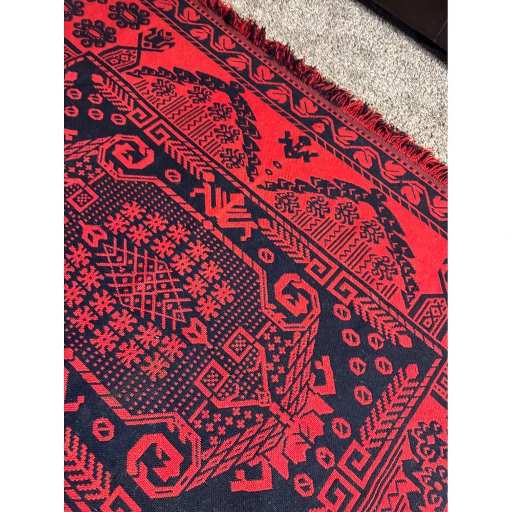 Vintage Polish Folk Wool Blanket Set Large Tapestry Throw Runner Mats Red Black